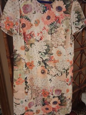 Tory Burch Peach Floral Textured Top with Green Leaf Print